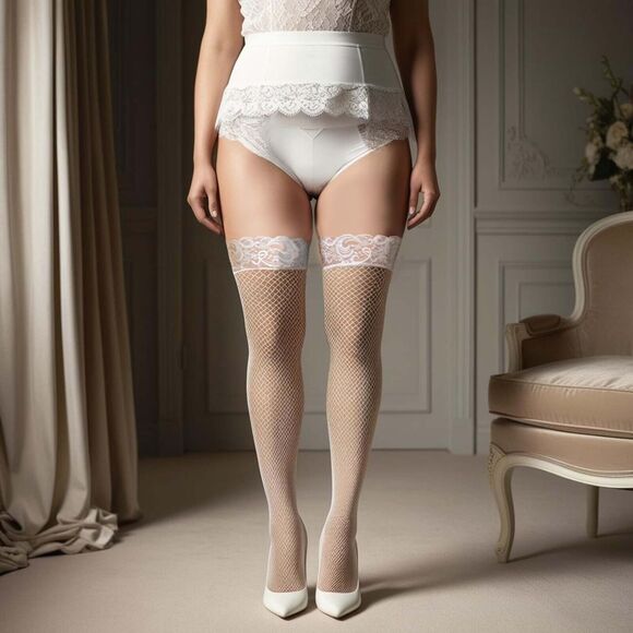 Plus Back Seam Fishnet Thigh Highs Womens Size Queen Lace Top Stay Up Hosiery - Picture 12 of 12